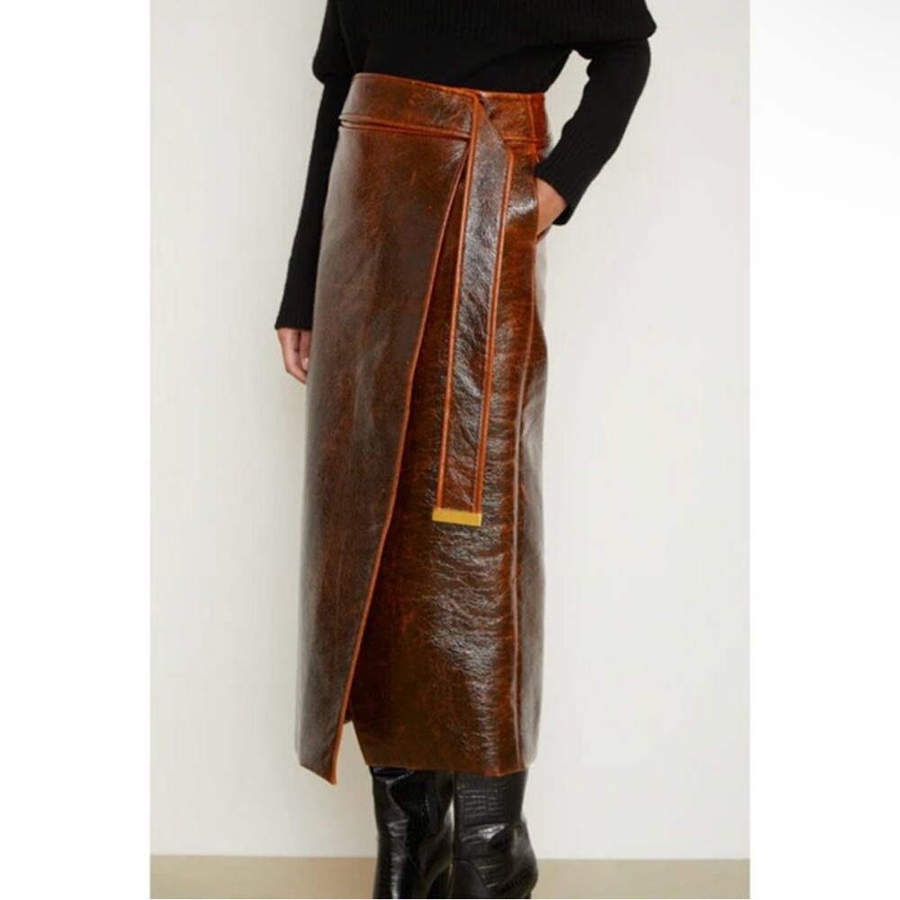 Brandon Maxwell Evelyn Mahogany Brown Maxi Wrap Skirt with Slit - Picture 4 of 12